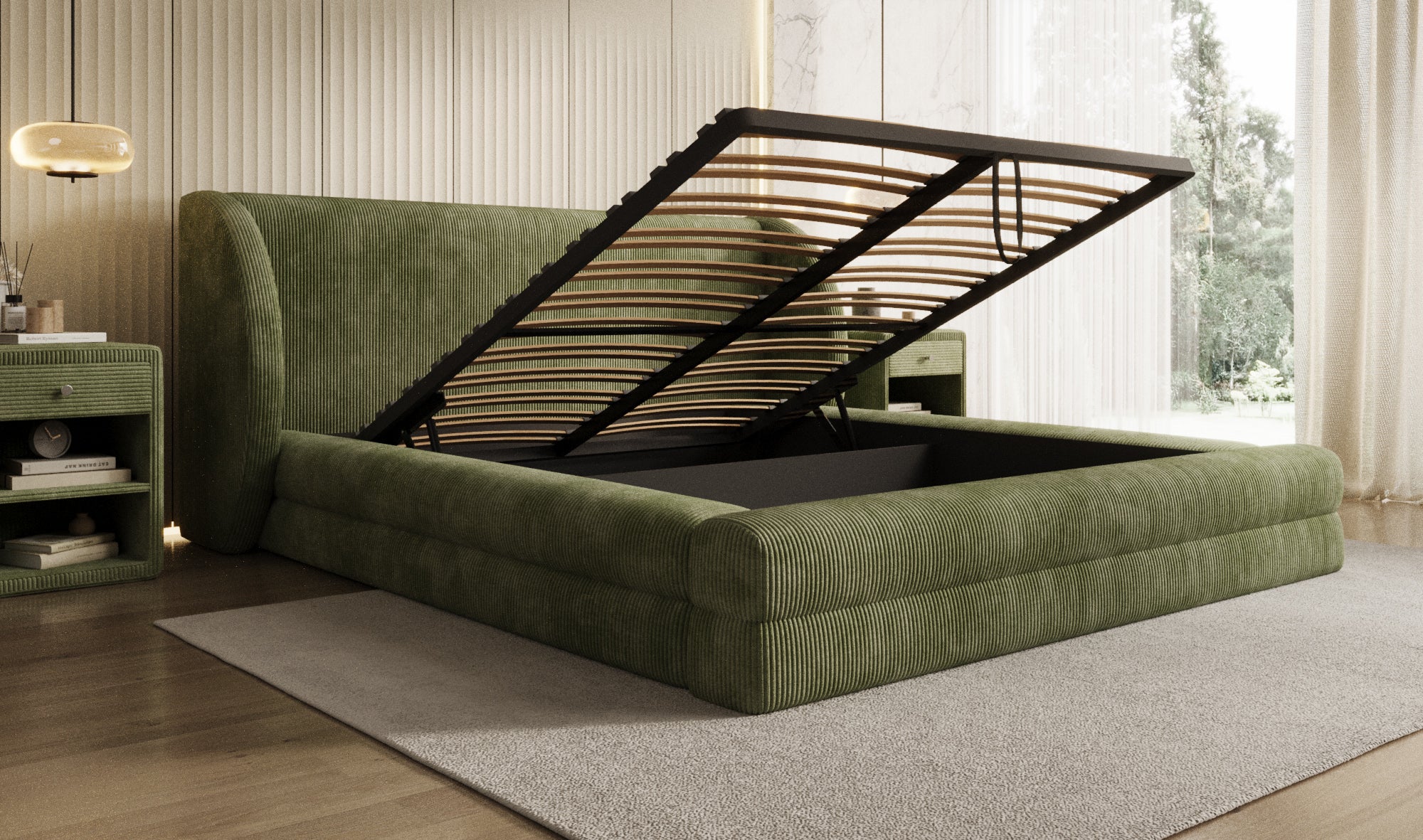 Lit rembourré design Liv en Côtelé avec espace de rangement