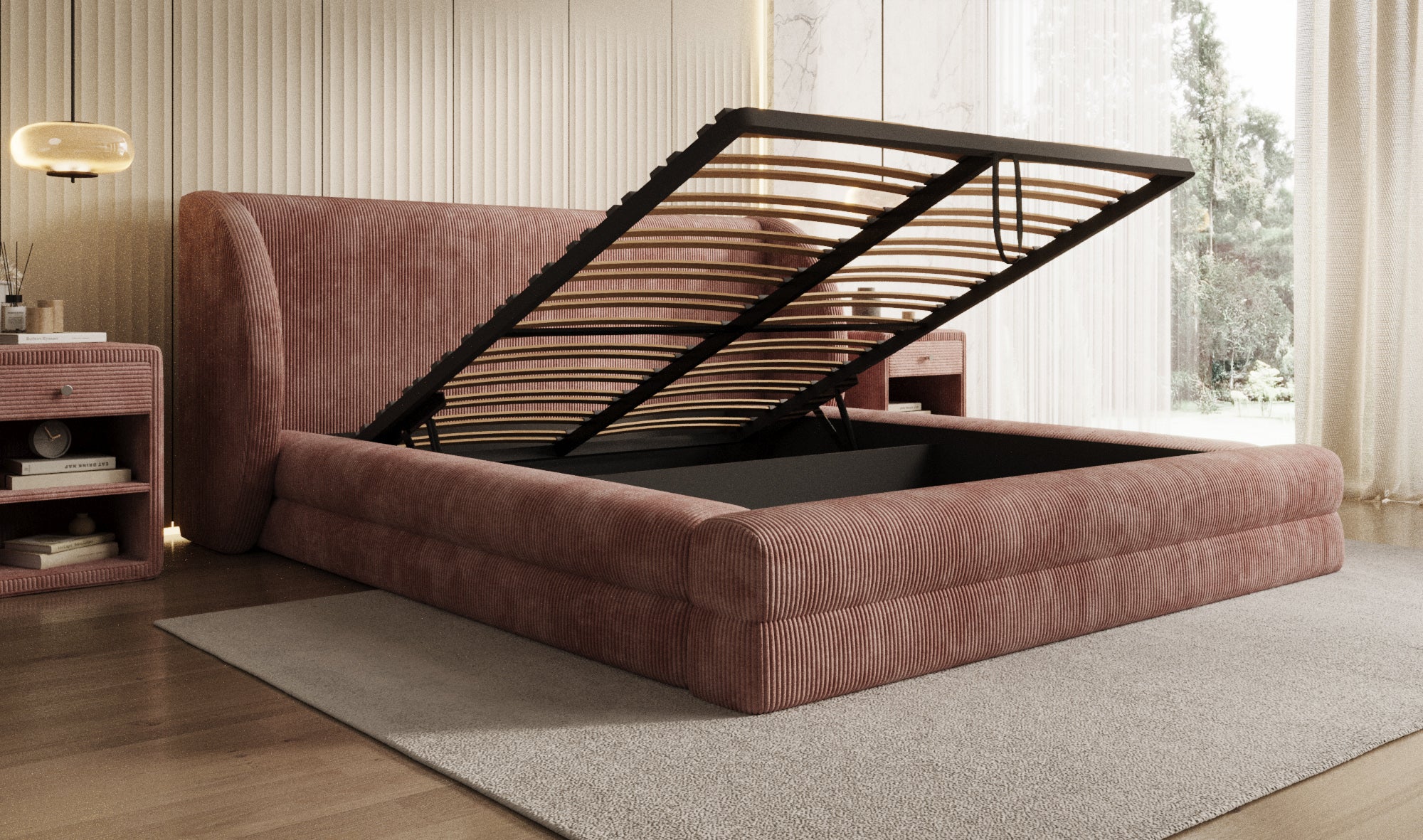 Lit rembourré design Liv en Côtelé avec espace de rangement