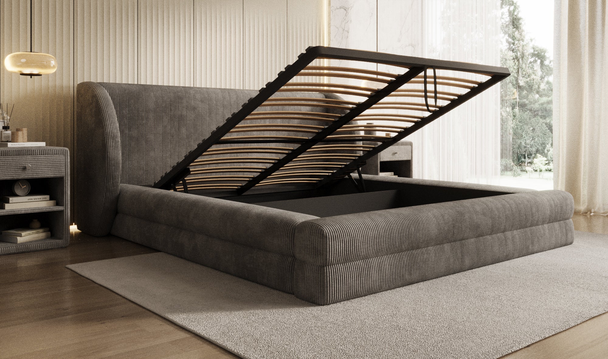 Lit rembourré design Liv en Côtelé avec espace de rangement