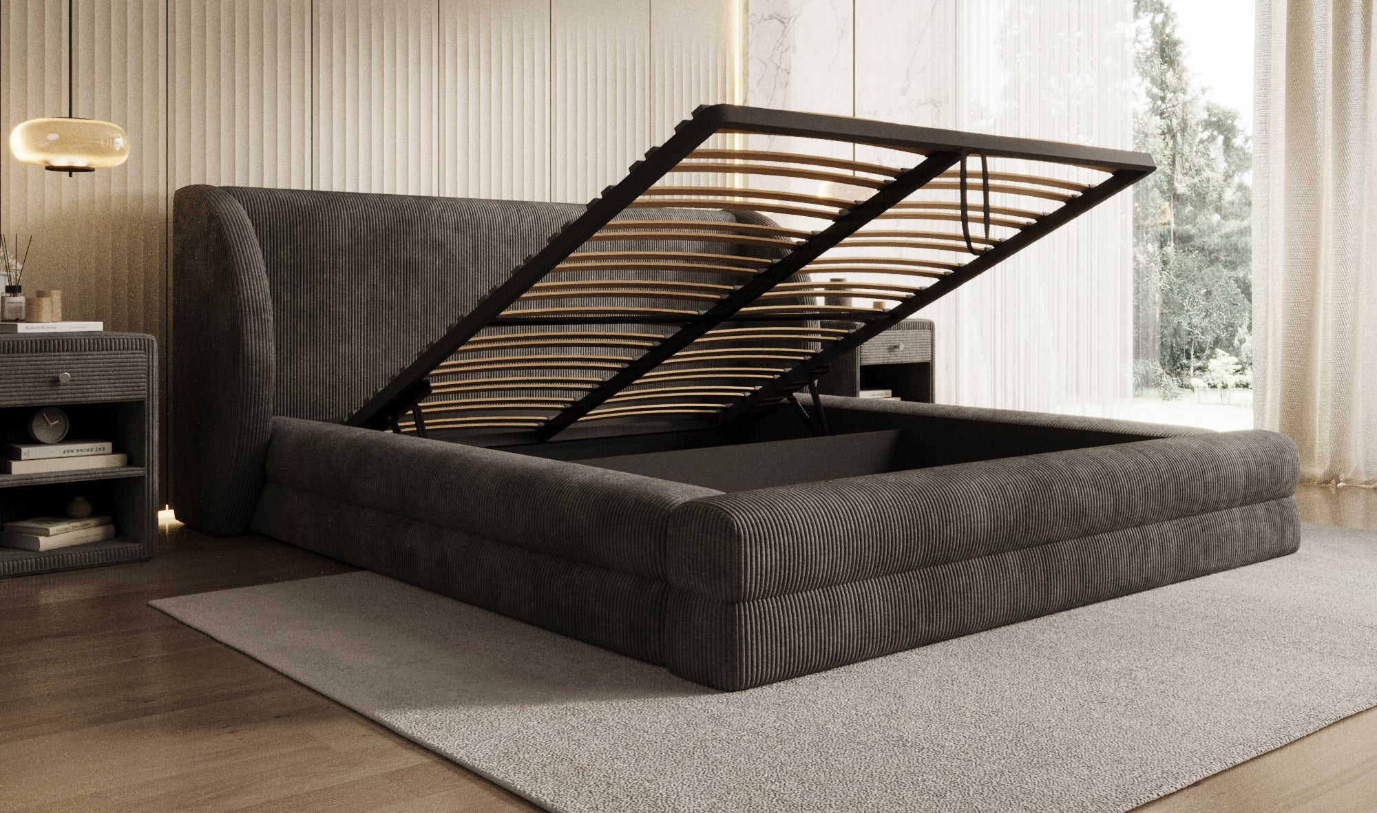 Lit rembourré design Liv en Côtelé avec espace de rangement