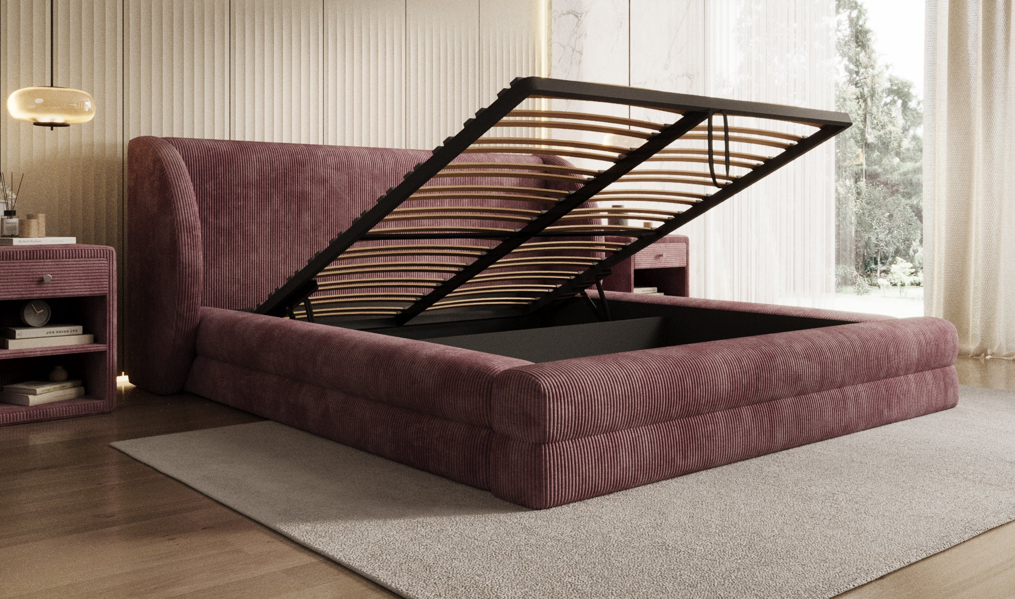 Lit rembourré design Liv en Côtelé avec espace de rangement
