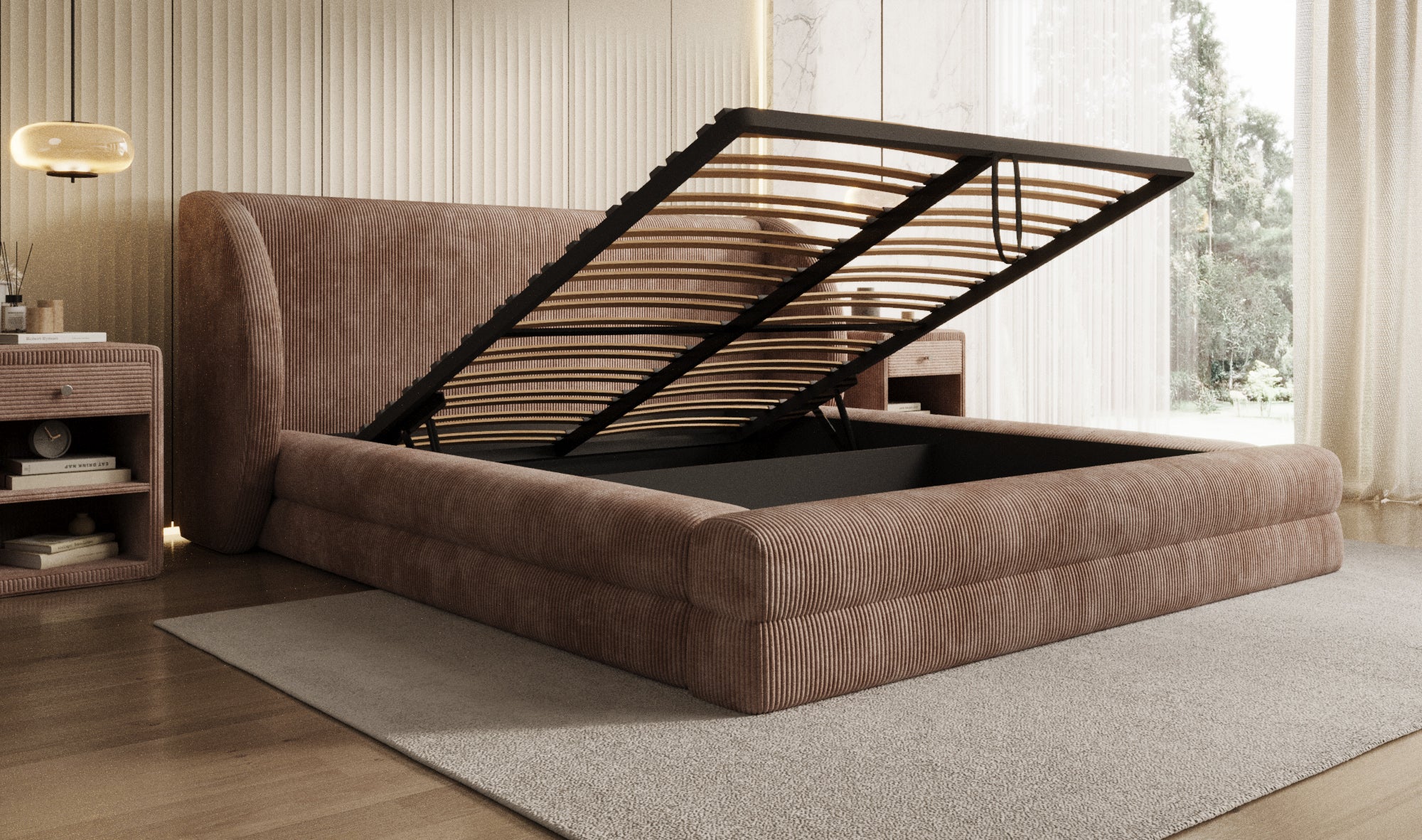 Lit rembourré design Liv en Côtelé avec espace de rangement