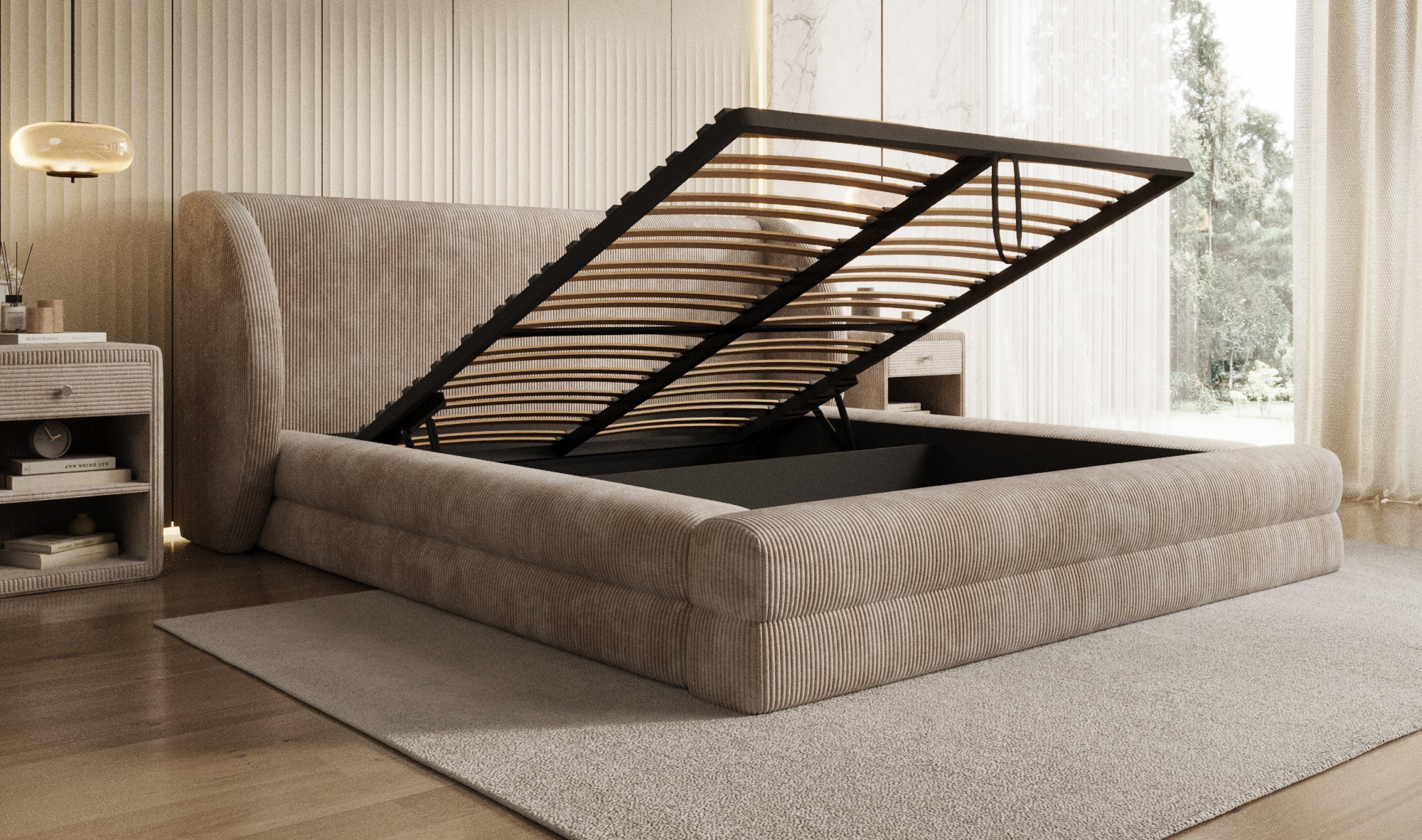 Lit rembourré design Liv en Côtelé avec espace de rangement