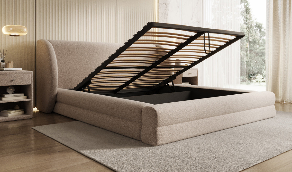 Designer-Polsterbett Liv aus Strukturstoff mat Stauraum