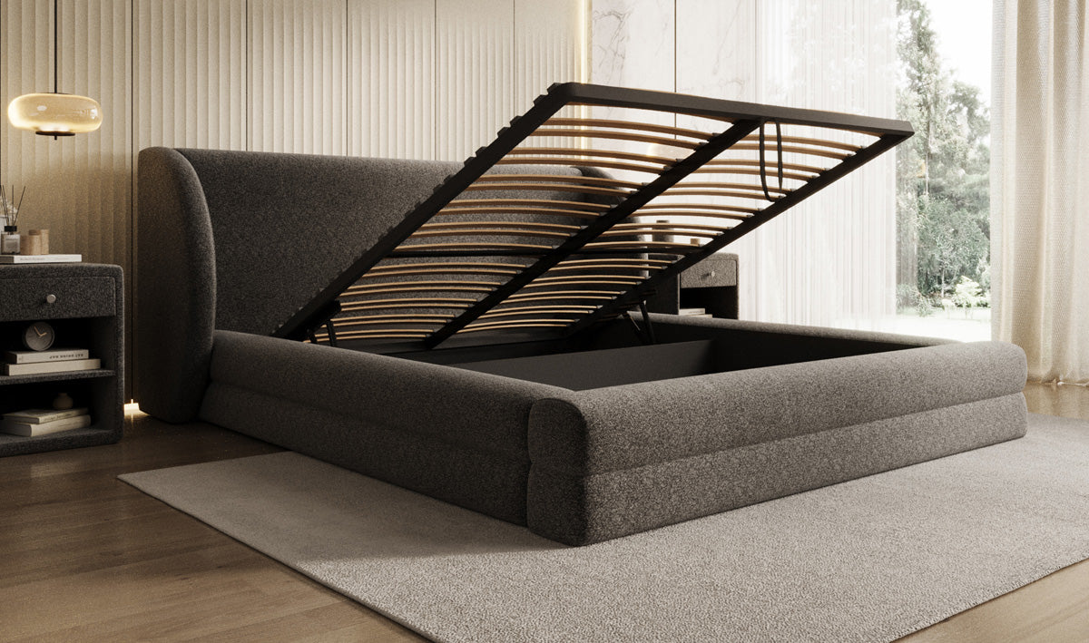Designer-Polsterbett Liv aus Strukturstoff mat Stauraum