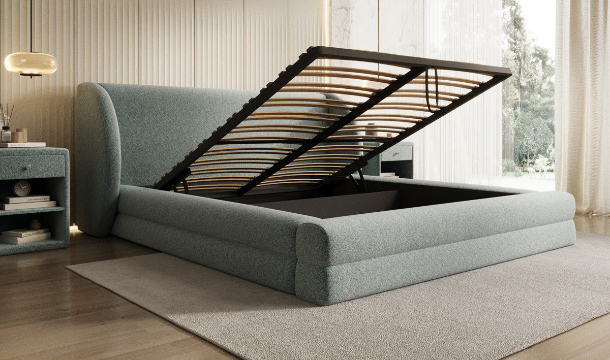 Designer-Polsterbett Liv aus Strukturstoff mat Stauraum