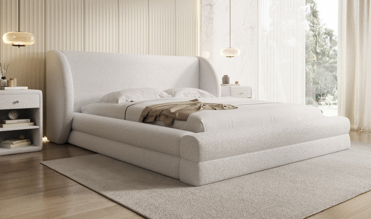 Lit rembourré design Liv en Peluche Bouclé avec rangement