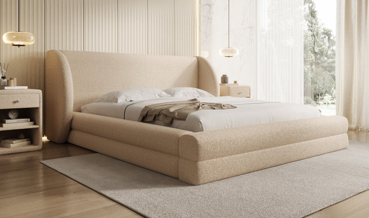 Lit rembourré design Liv en Peluche Bouclé avec rangement