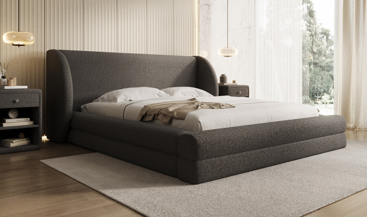 Lit rembourré design Liv en Peluche Bouclé avec rangement