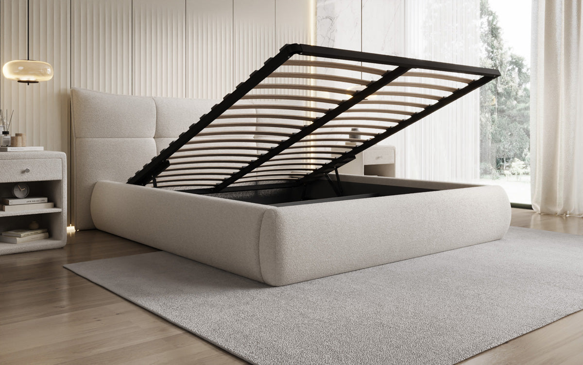 Lit rembourré design Gioia en Peluche Bouclé avec espace de rangement