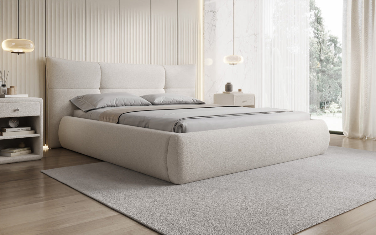Designer-Polsterbett Gioia an Teddy-Bouclé mat Stauraum