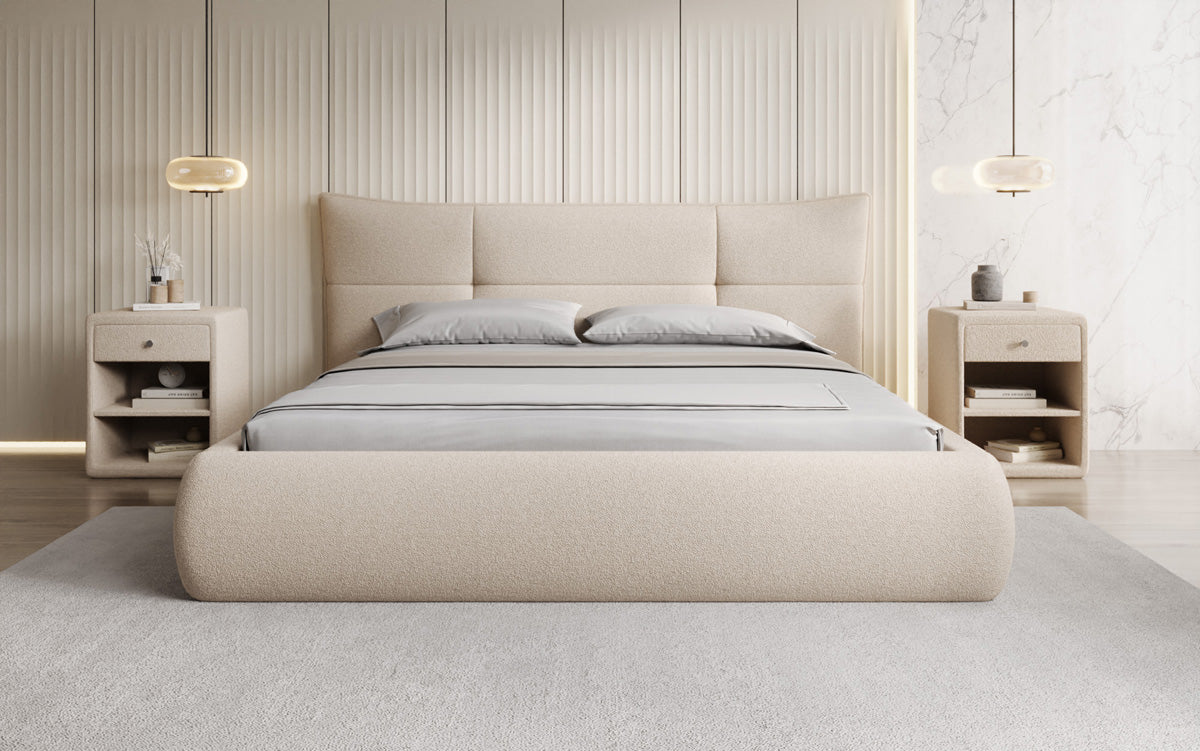 Lit rembourré design Gioia en Peluche Bouclé avec espace de rangement