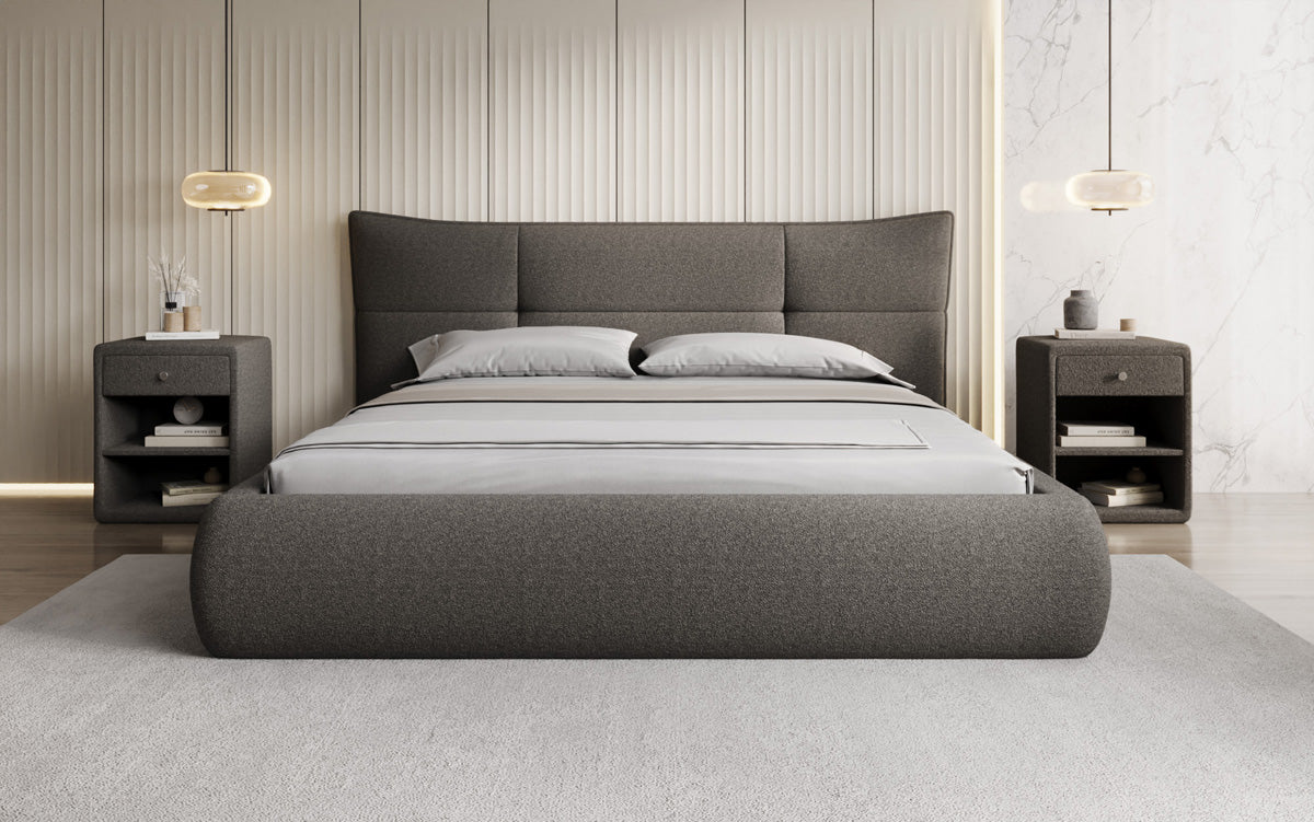 Lit rembourré design Gioia en Peluche Bouclé avec espace de rangement