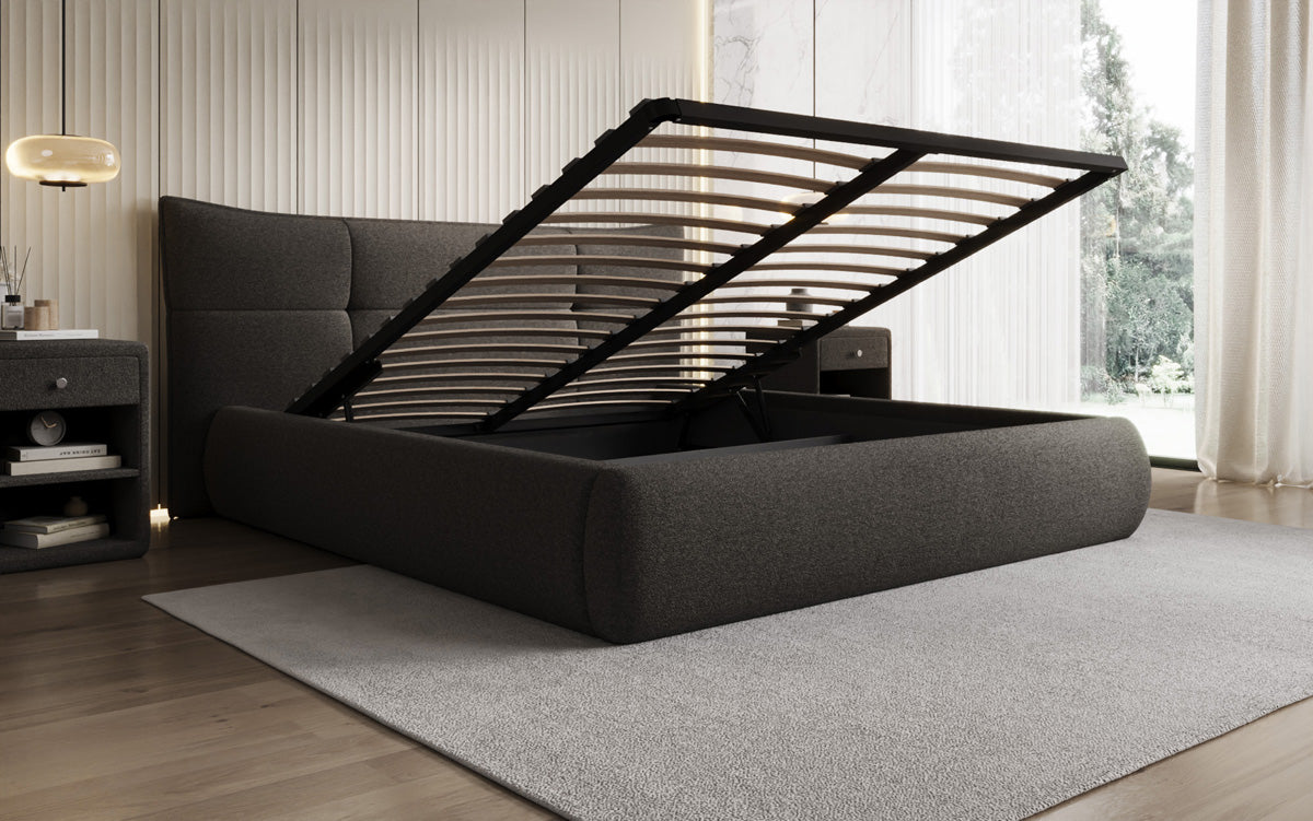Lit rembourré design Gioia en Peluche Bouclé avec espace de rangement
