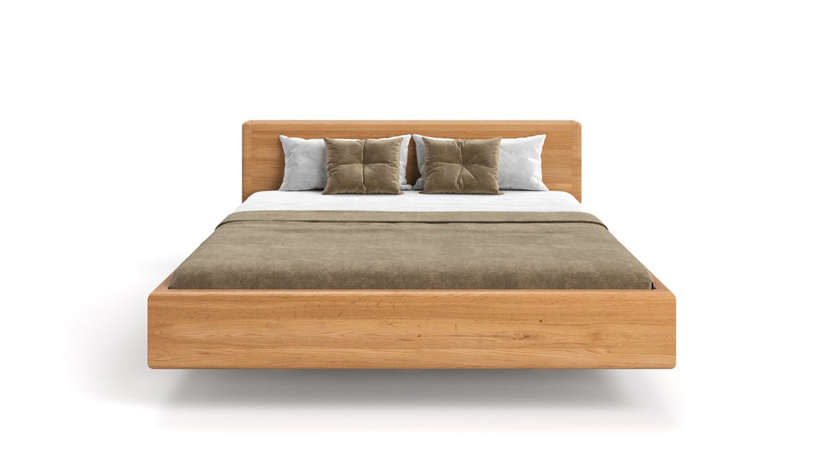 Designert Holzbett Arvelo aus massiver Eechen a Schwebeoptioun an geradem Kappstéck