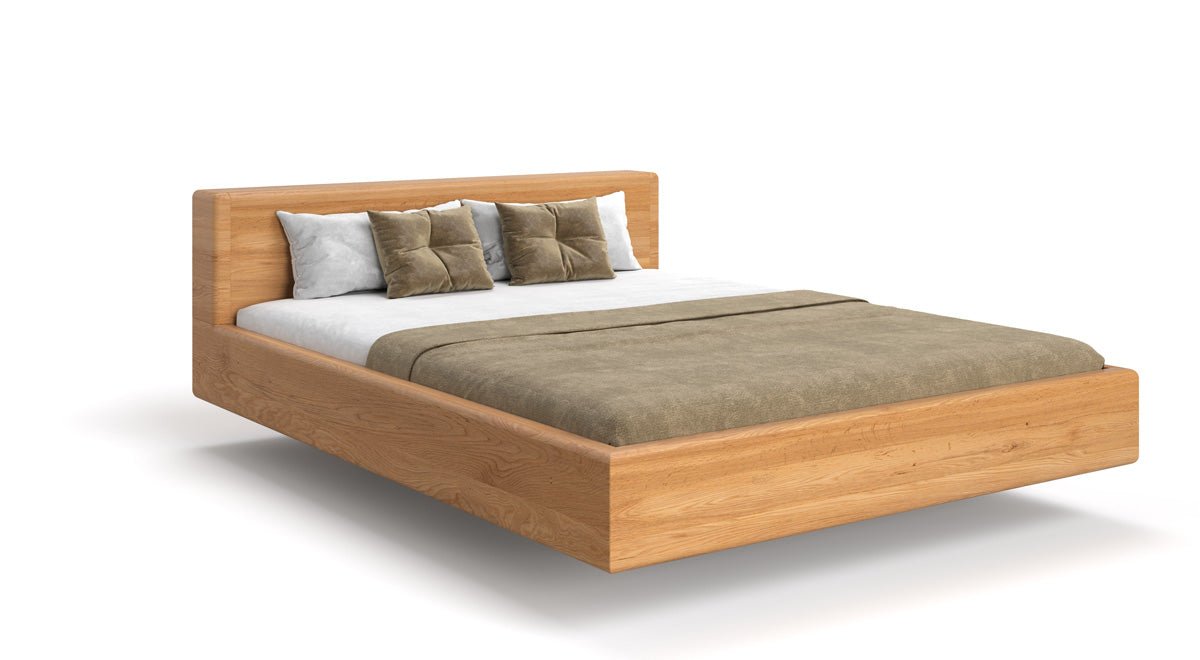 Designert Holzbett Arvelo aus massiver Eechen a Schwebeoptioun an geradem Kappstéck