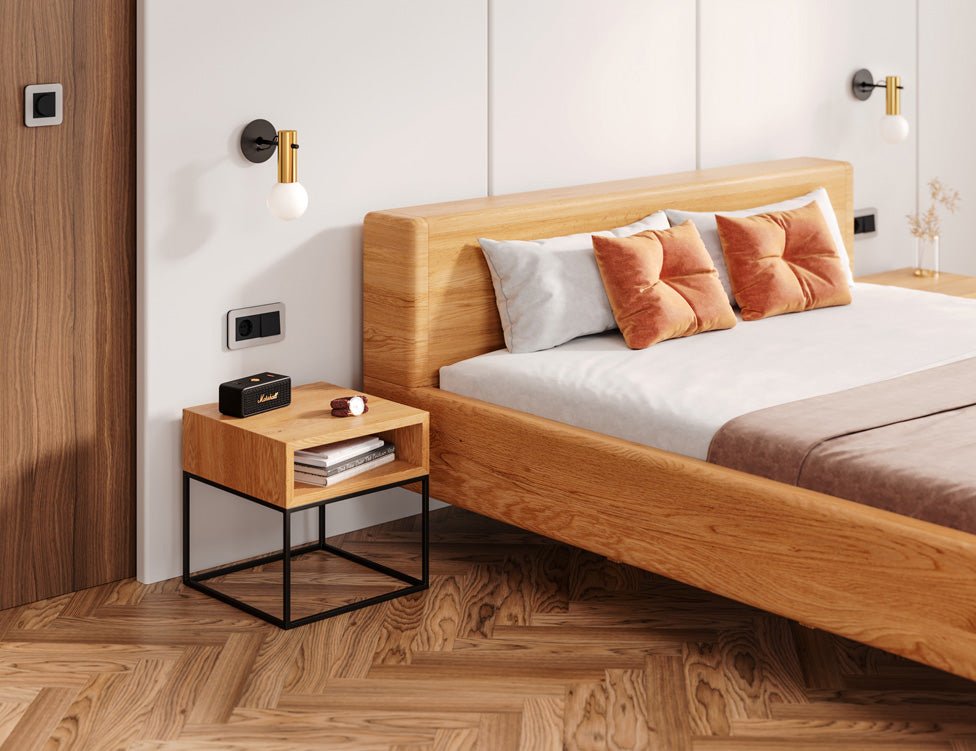 Designert Holzbett Arvelo aus massiver Eechen a Schwebeoptioun an geradem Kappstéck