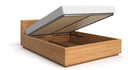 Designert Holzbett Calveno aus massiver Eechen mat Späicherraum an geradem Kappstéck
