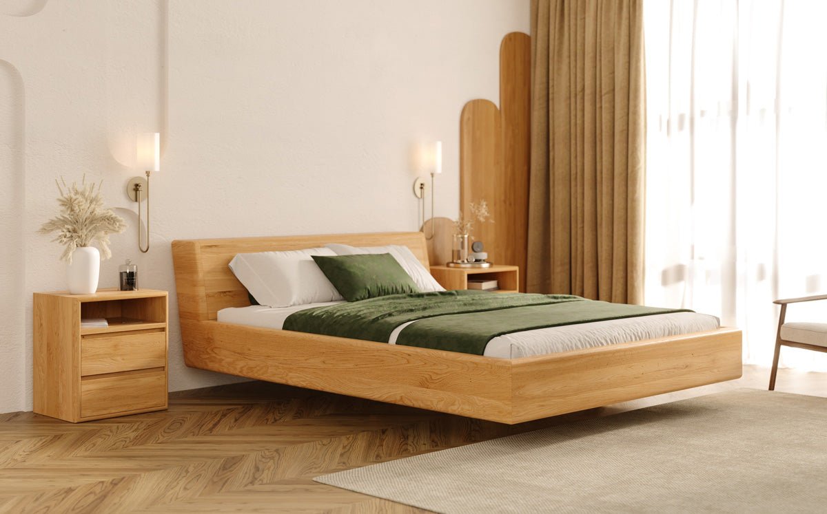 Designer wooden bed Arvelo made of solid Oak with floating appearance and slanted headboard