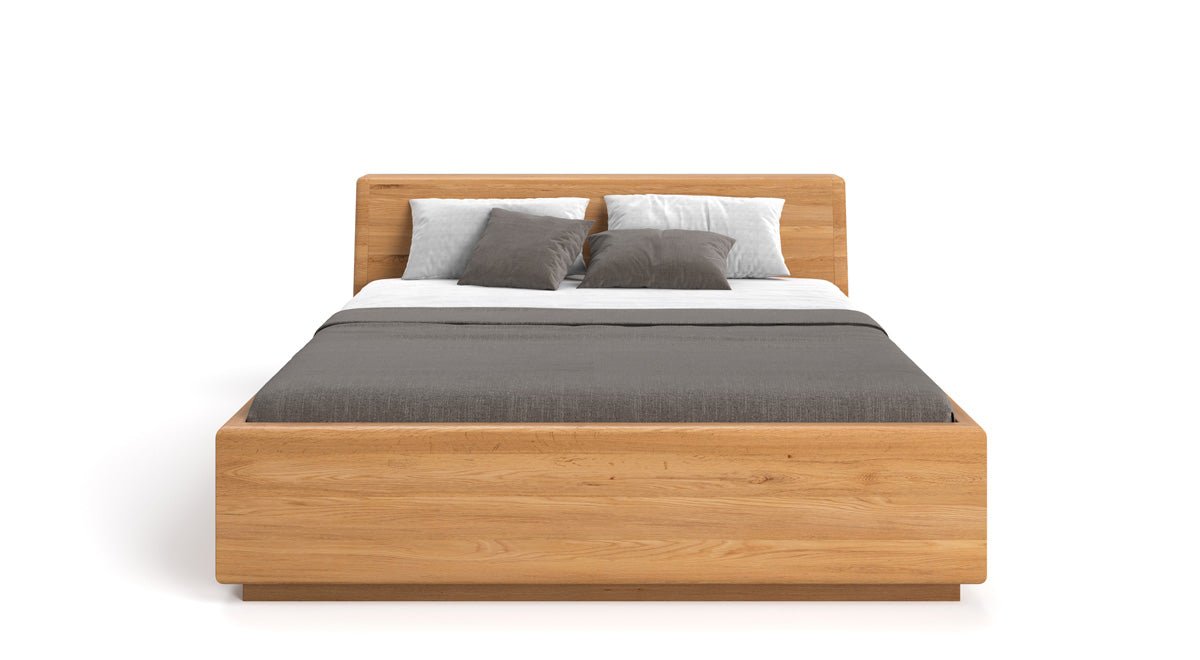 Lit en bois massif Calveno en chêne avec rangement et tête de lit inclinée