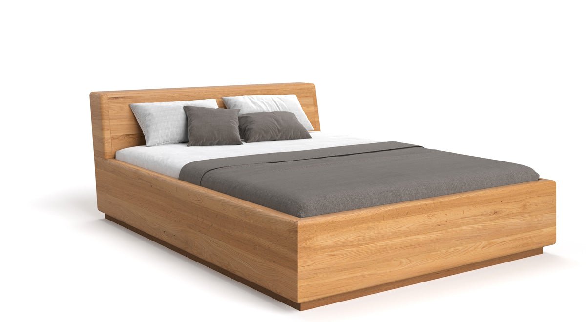 Lit en bois massif Calveno en chêne avec rangement et tête de lit inclinée