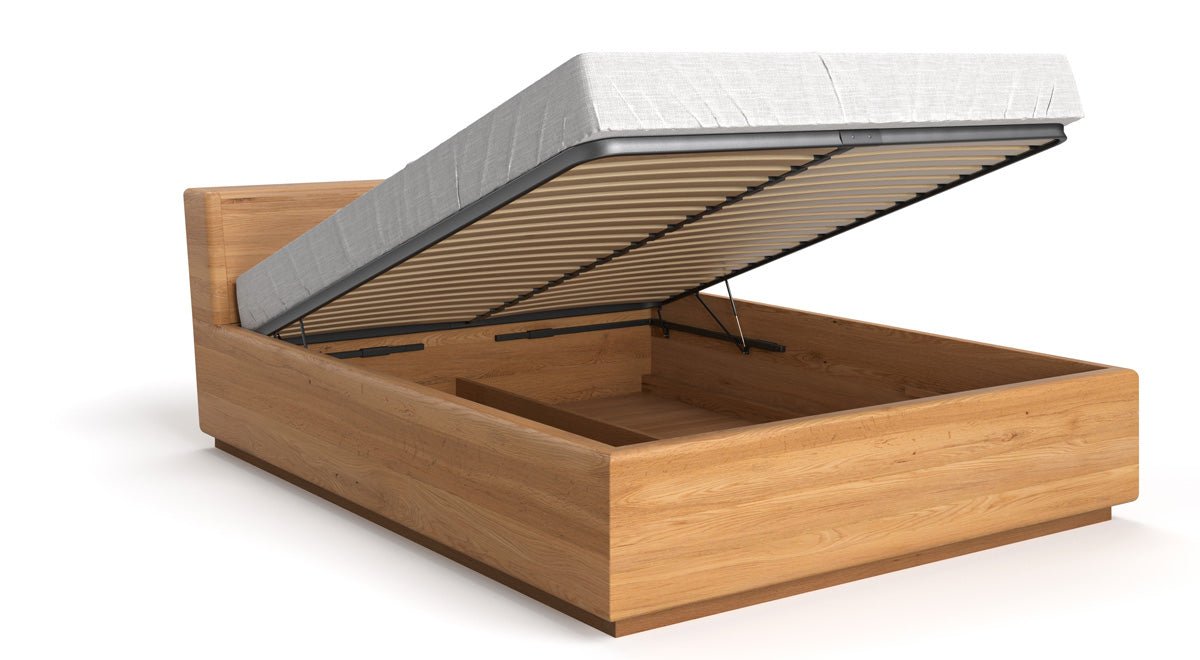 Lit en bois massif Calveno en chêne avec rangement et tête de lit inclinée