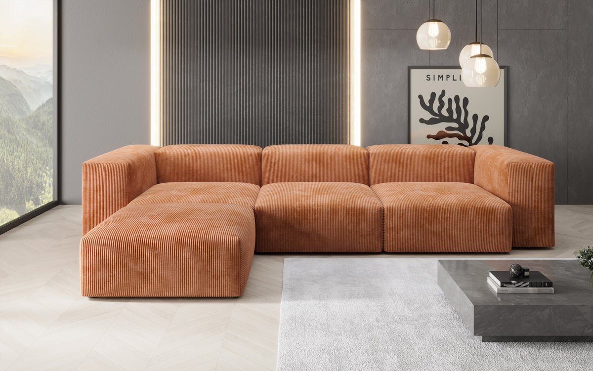 Designer L-shaped Sofa Snug in Cord
