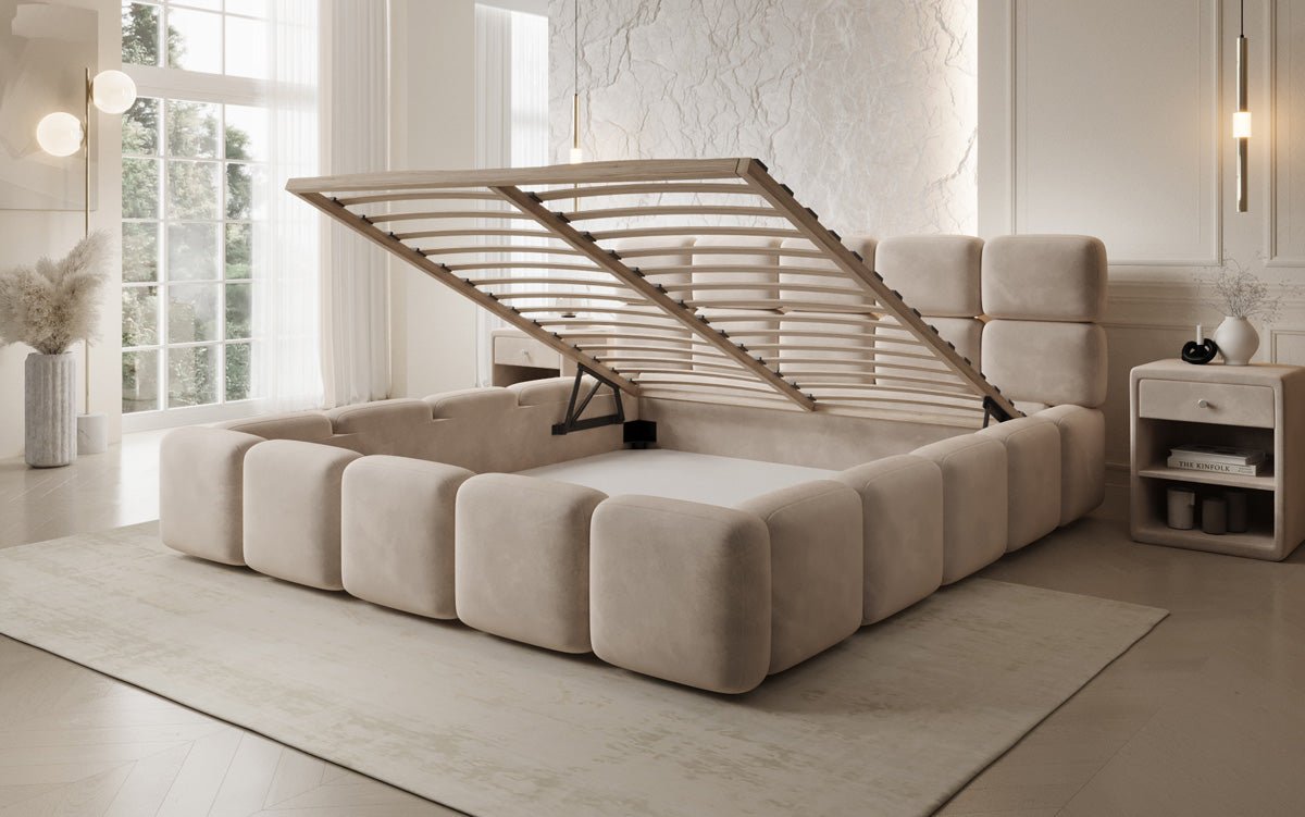 Lit rembourré design Matilda en Velours avec espace de rangement