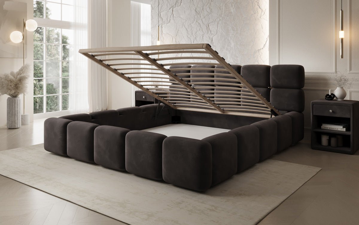 Lit rembourré design Matilda en Velours avec espace de rangement