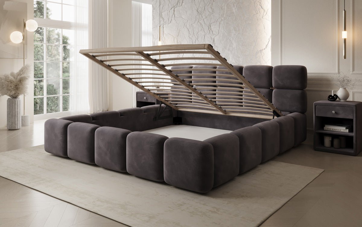 Lit rembourré design Matilda en Velours avec espace de rangement