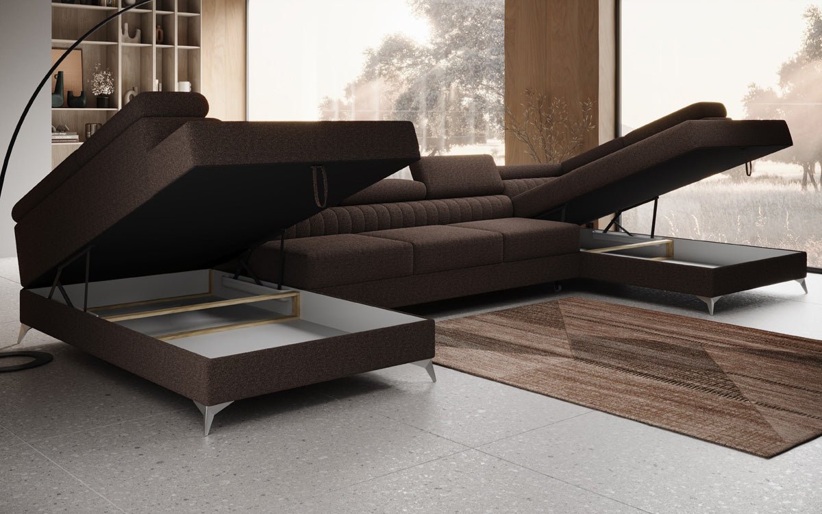 Designer Sofa Aurea U XXL mat Schloof- an Zesummeklappfunktioun a Bouclé