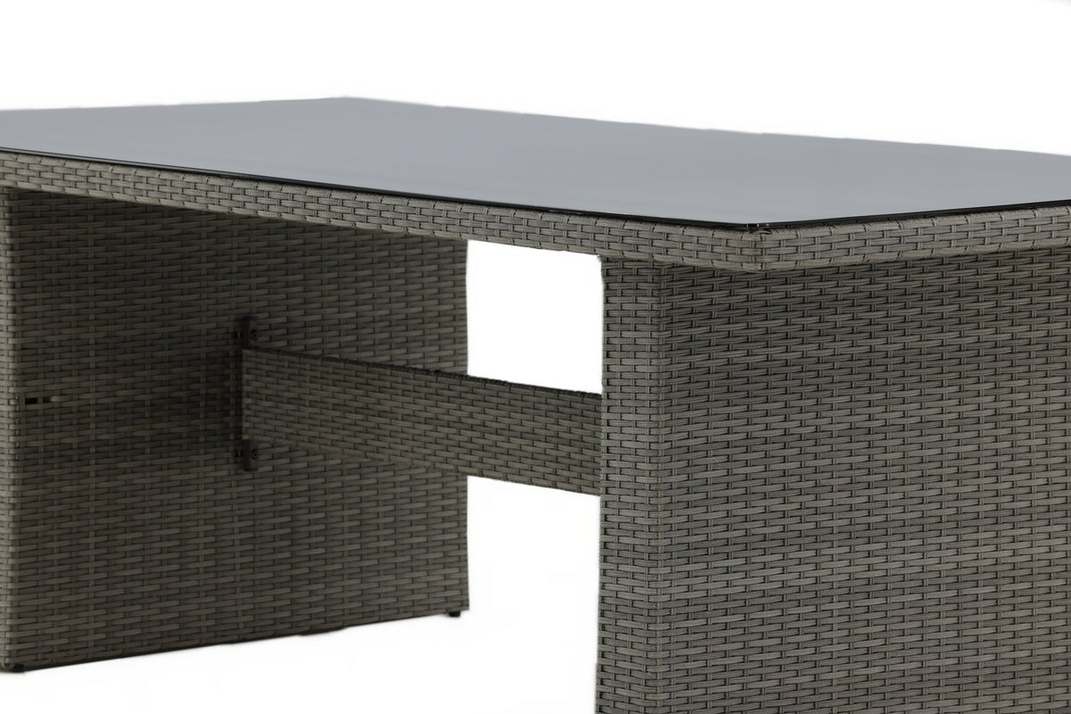 Garten Esstisch Valerio - 200x100 cm aus grauem Rattan mit Glasplatte