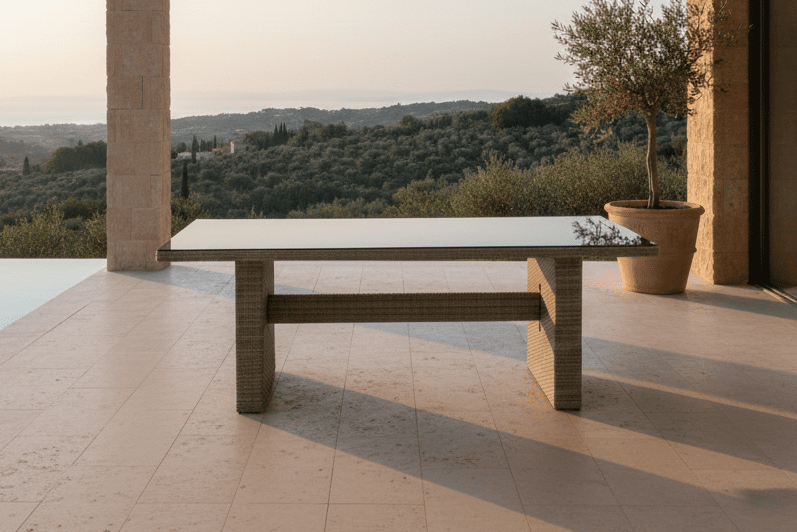 Garden Dining Table Valerio - 200x100 cm made of gray rattan with glass top
