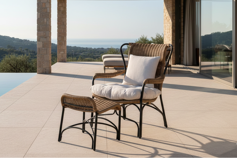 Garteloungesessel Asia - mat schwaarzem Gestell a liichte Këssen