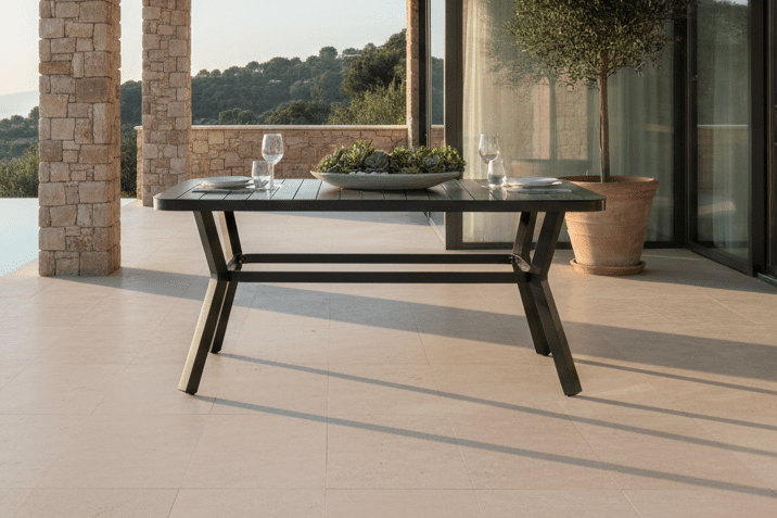 Garden table Amaré - a combination of matte glass top and aluminum frame