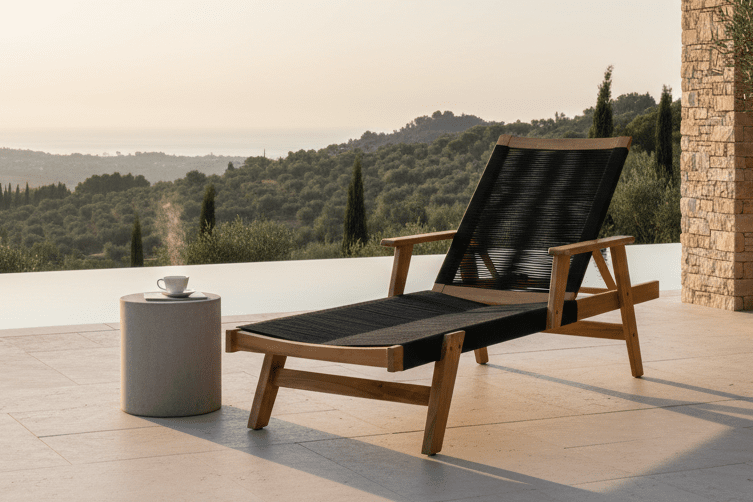 Garden Sun Lounger Ferano - Adjustable Made of Acacia Wood & Polyester Rope