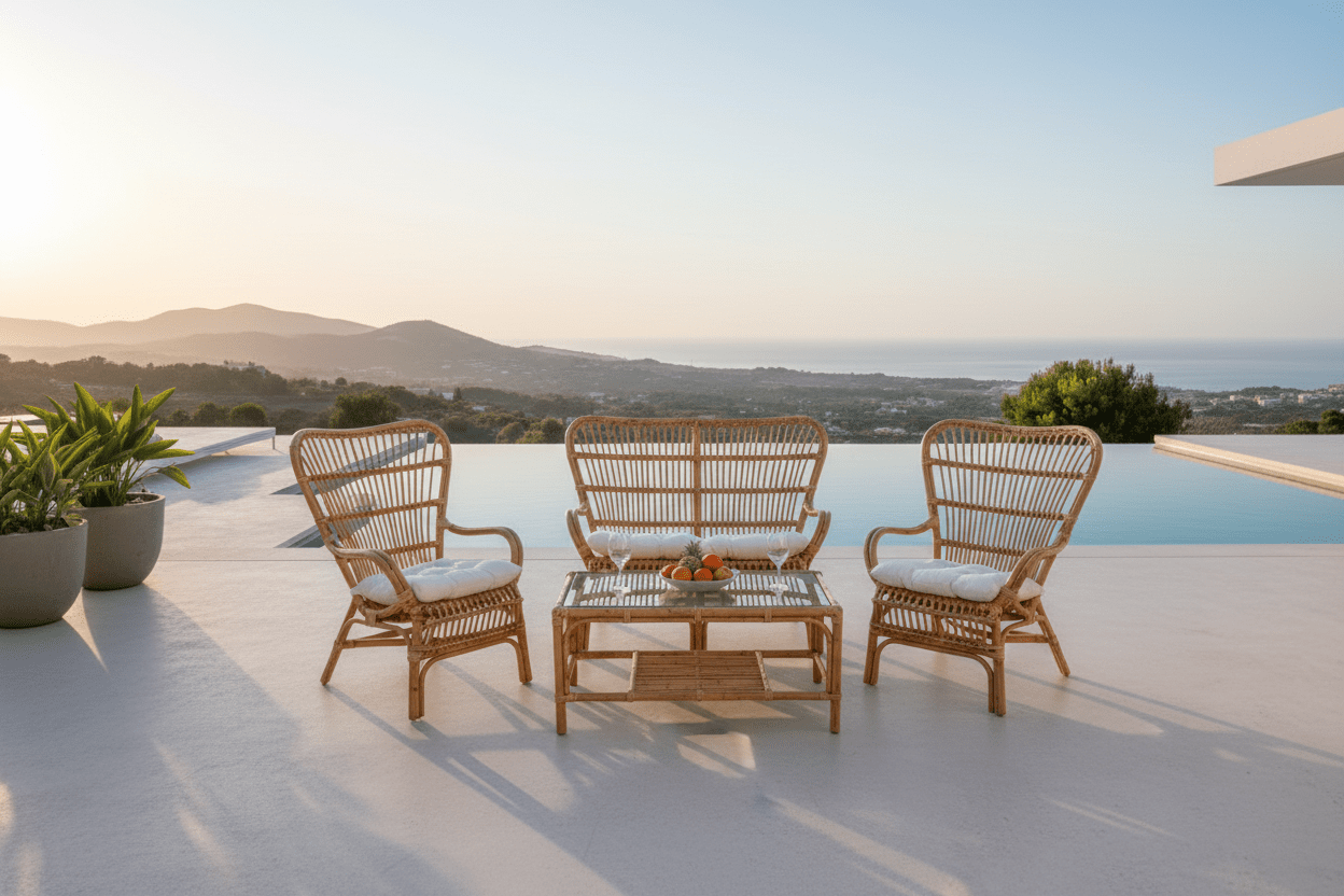 Ensemble lounge de jardin Raisa – avec plateau en verre et coussins blancs