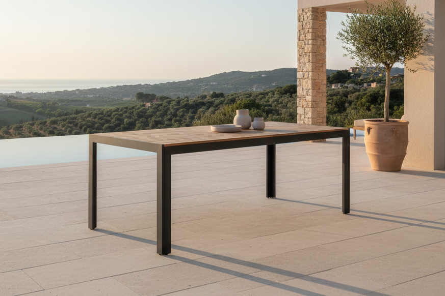 Gartentisch Uzuri - Rechteckege Iessdësch aus Akazienholz a schwaarzem Metallgestell