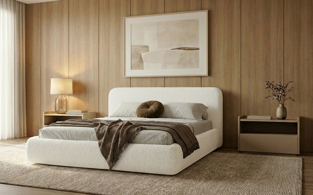 Lit rembourré design Arosa en Bouclé avec espace de rangement