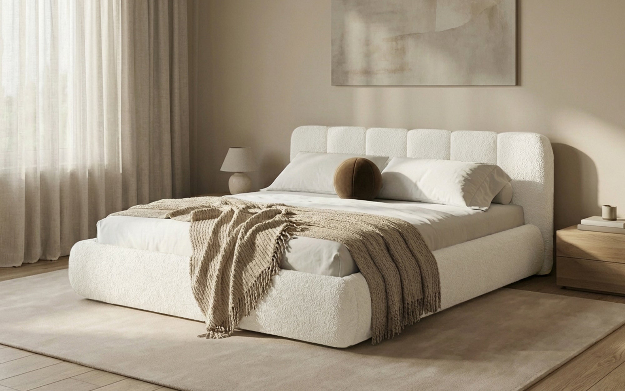 Lit rembourré design Avelo en Bouclé avec espace de rangement