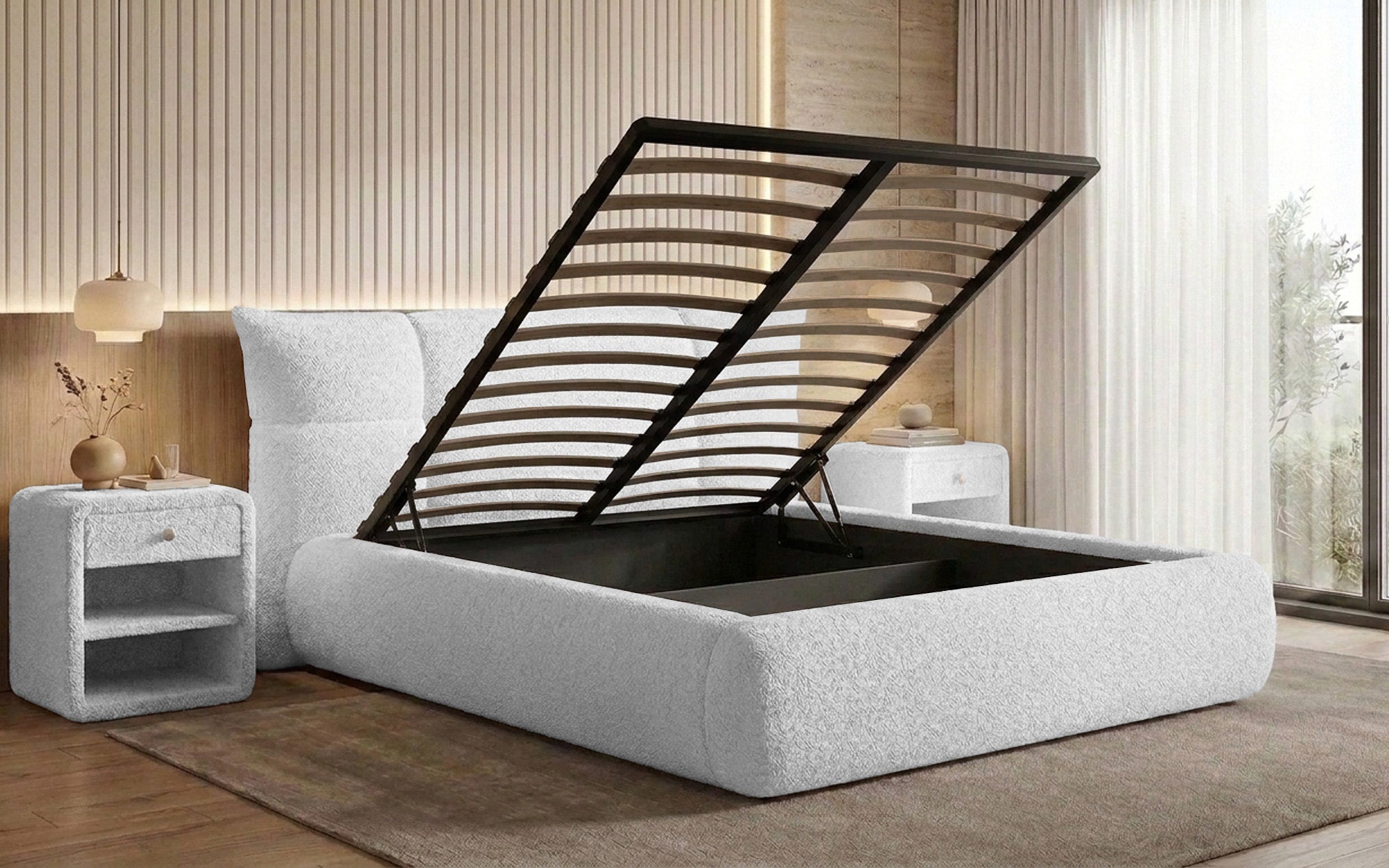 Designer-Polsterbett Gioia an Teddy-Bouclé mat Stauraum