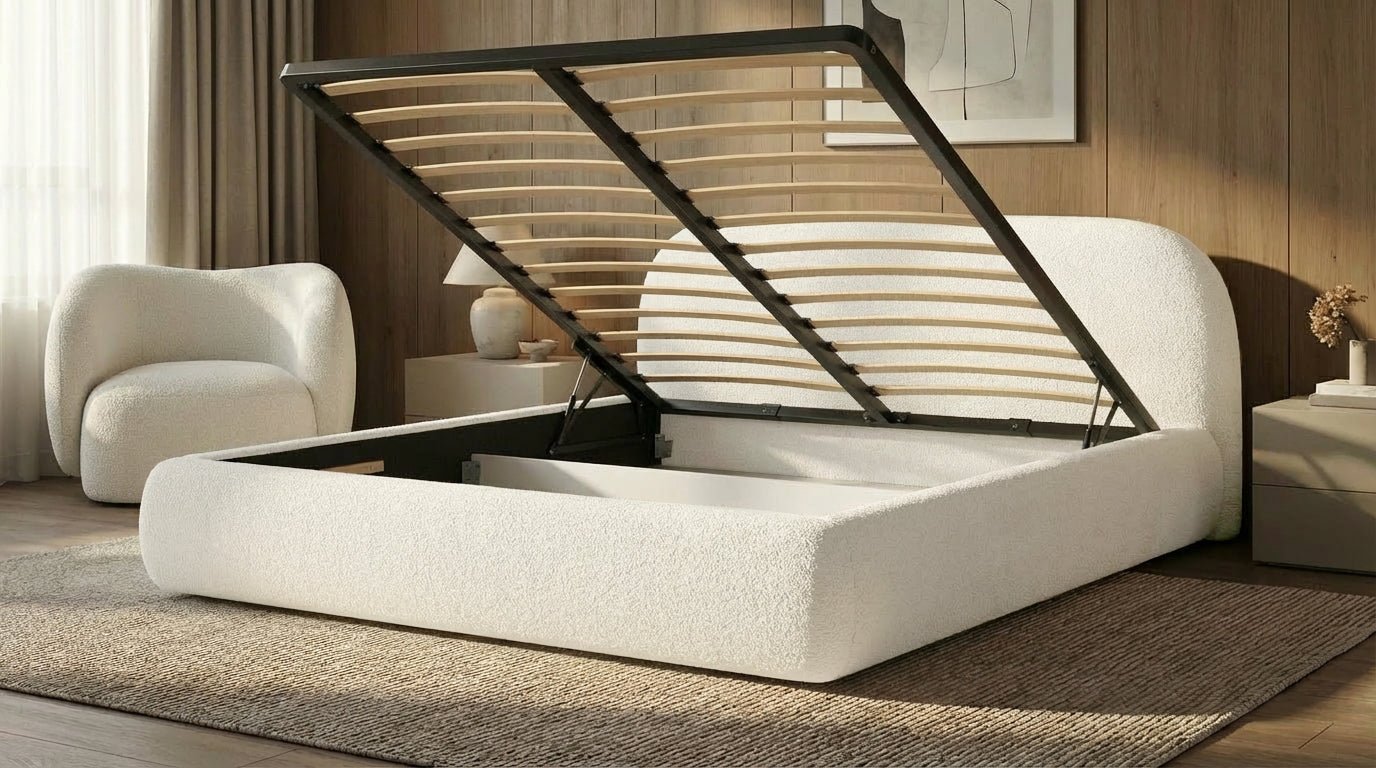 Designer Upholstered Bed Luma in Bouclé with Storage