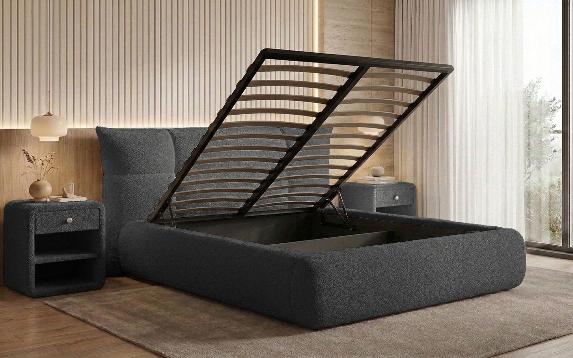 Designer-Polsterbett Gioia an Teddy-Bouclé mat Stauraum