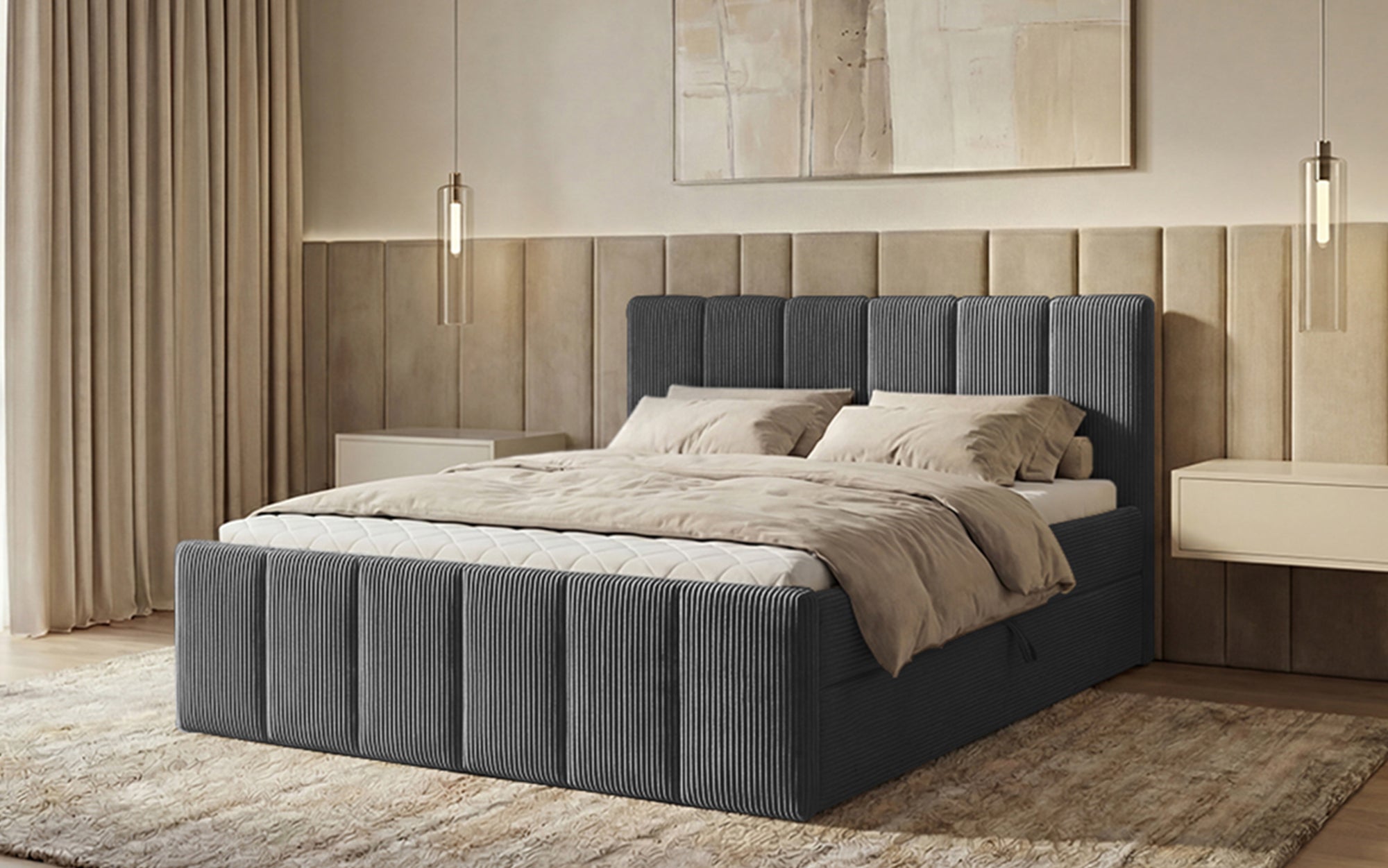 Siena box spring bed with lift-up storage in Corduroy