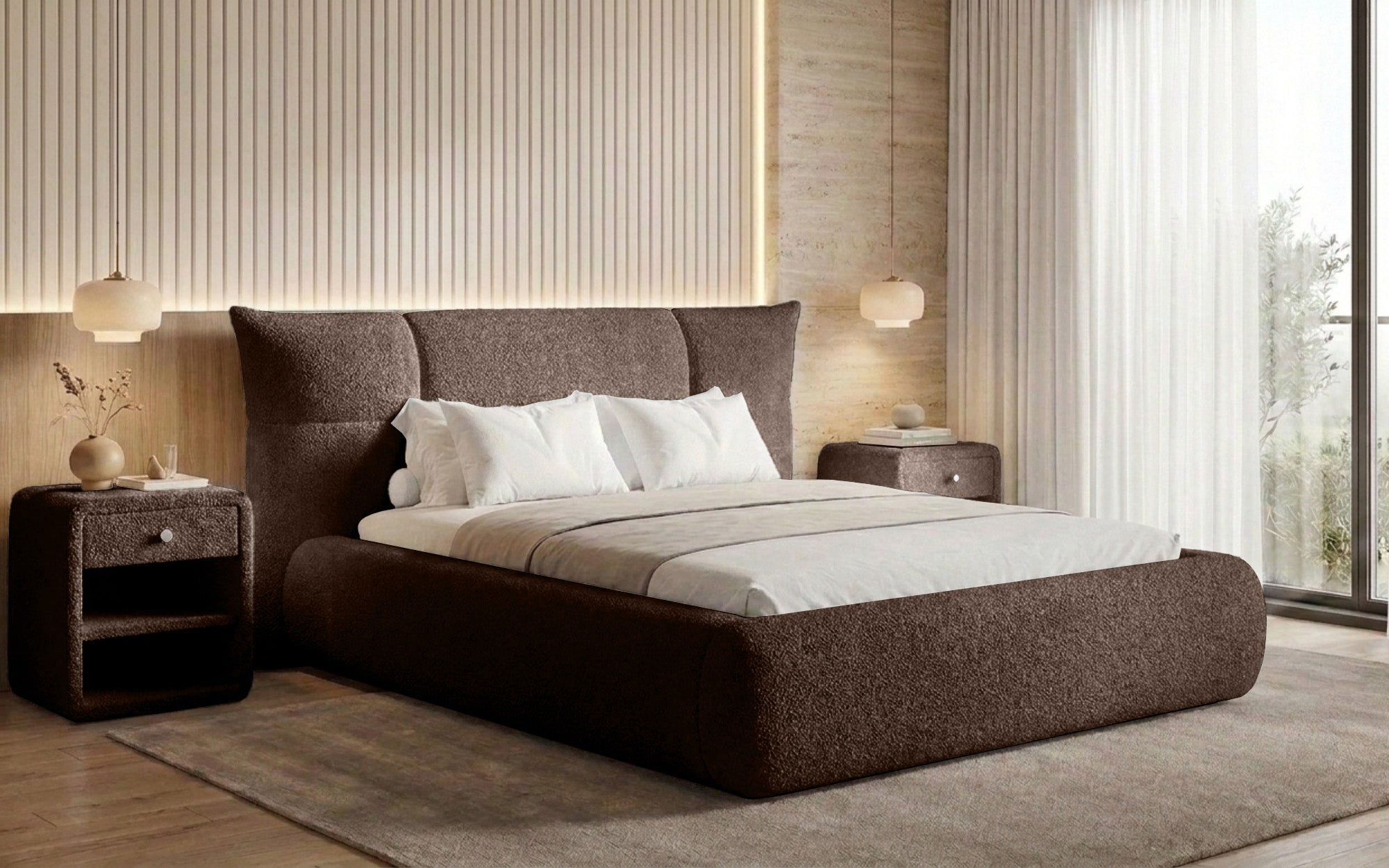 Designer-Polsterbett Gioia an Teddy-Bouclé mat Stauraum