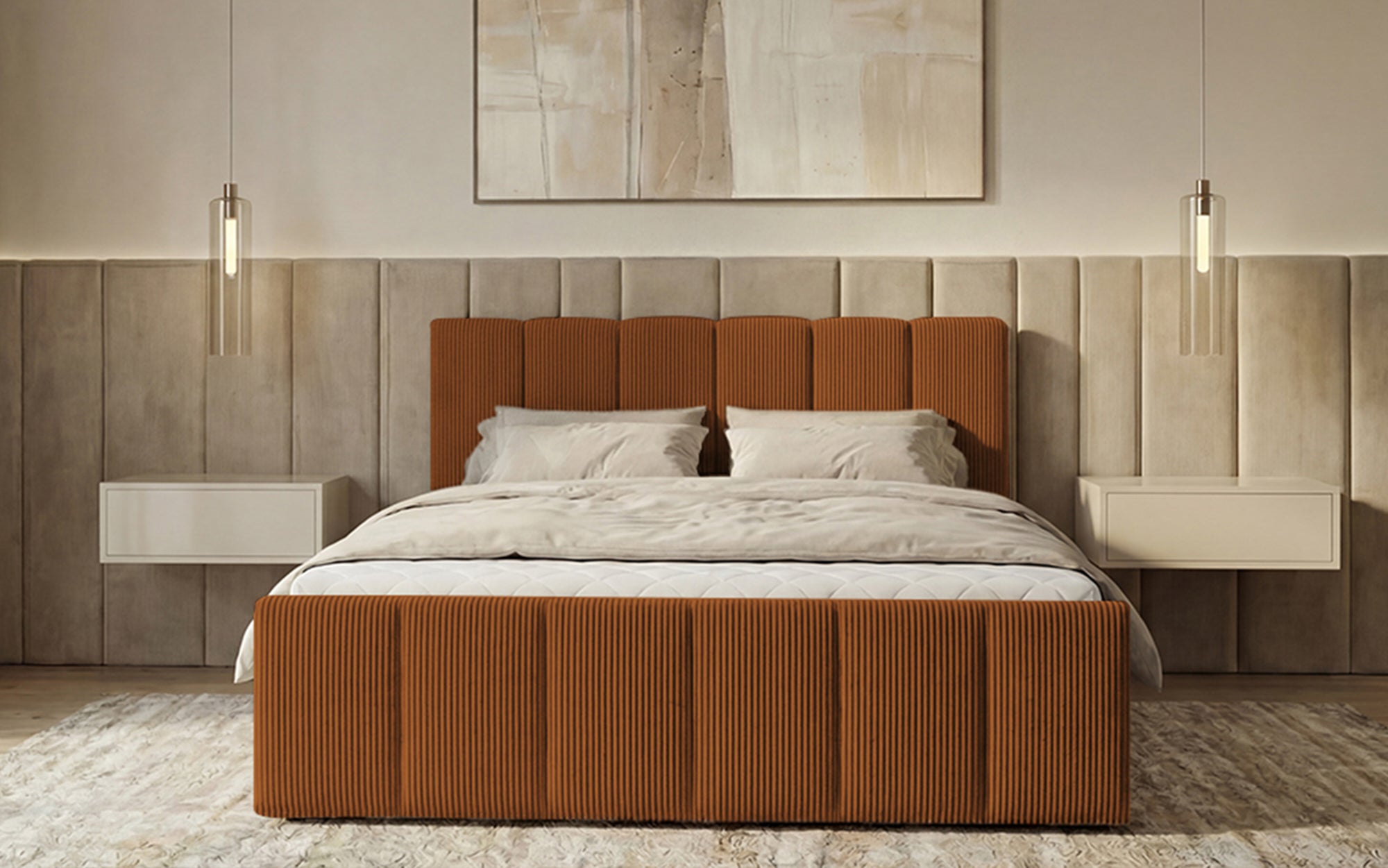 Siena box spring bed with lift-up storage in Corduroy