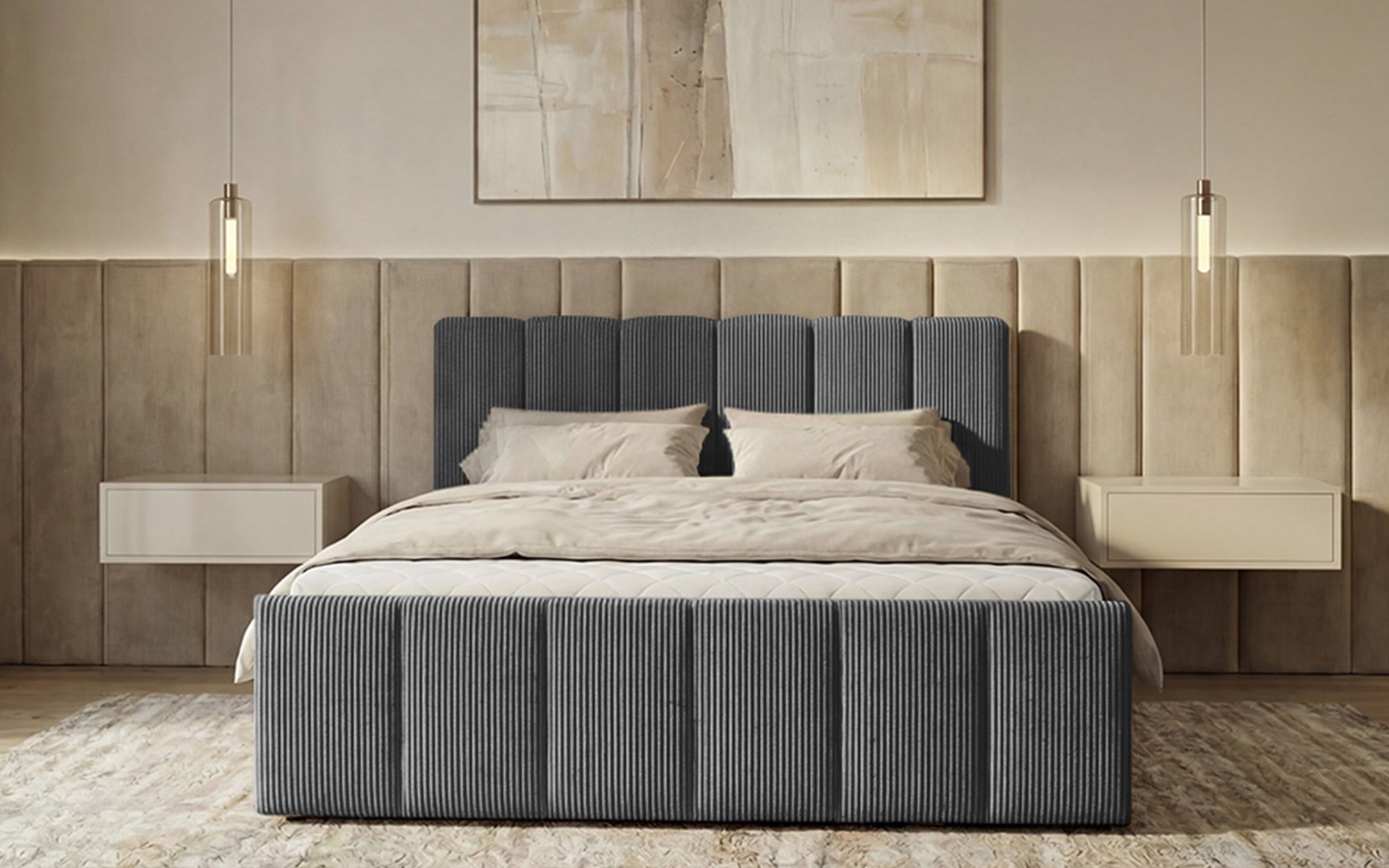 Siena box spring bed with lift-up storage in Corduroy