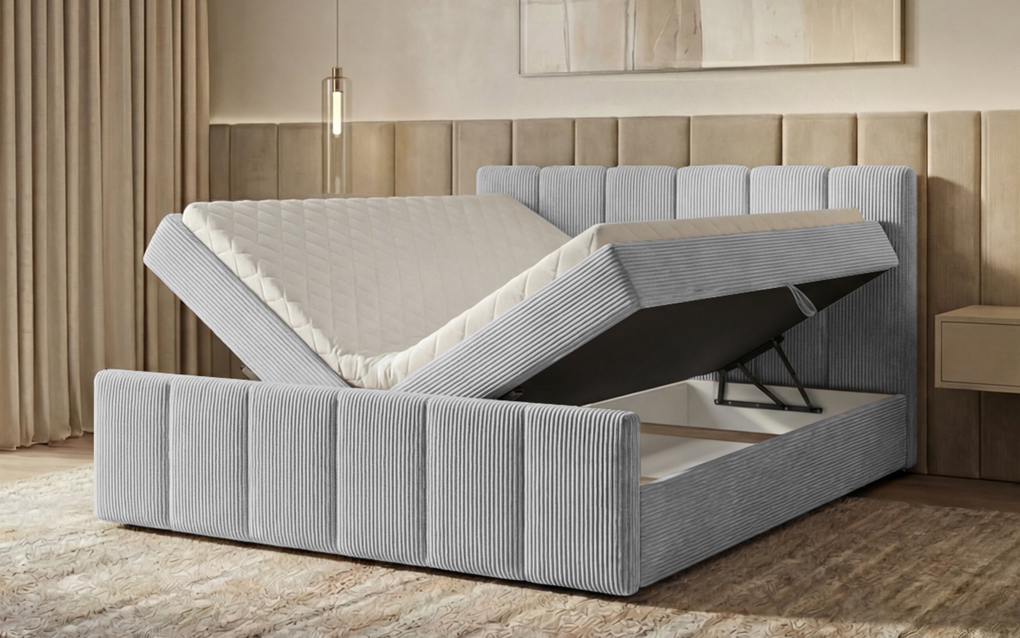 Siena box spring bed with lift-up storage in Corduroy