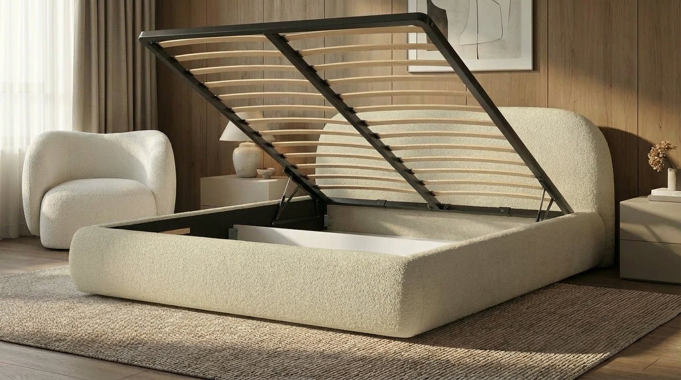 Designer Upholstered Bed Luma in Bouclé with Storage