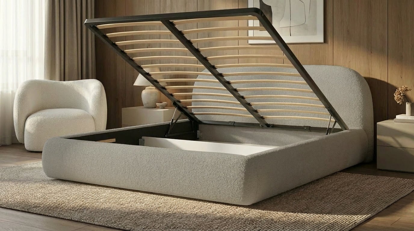 Designer Upholstered Bed Luma in Bouclé with Storage